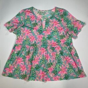 Lilly Pulitzer Tunic Top XL Coral Floral Print Turquoise Short Sleeve V Neck
